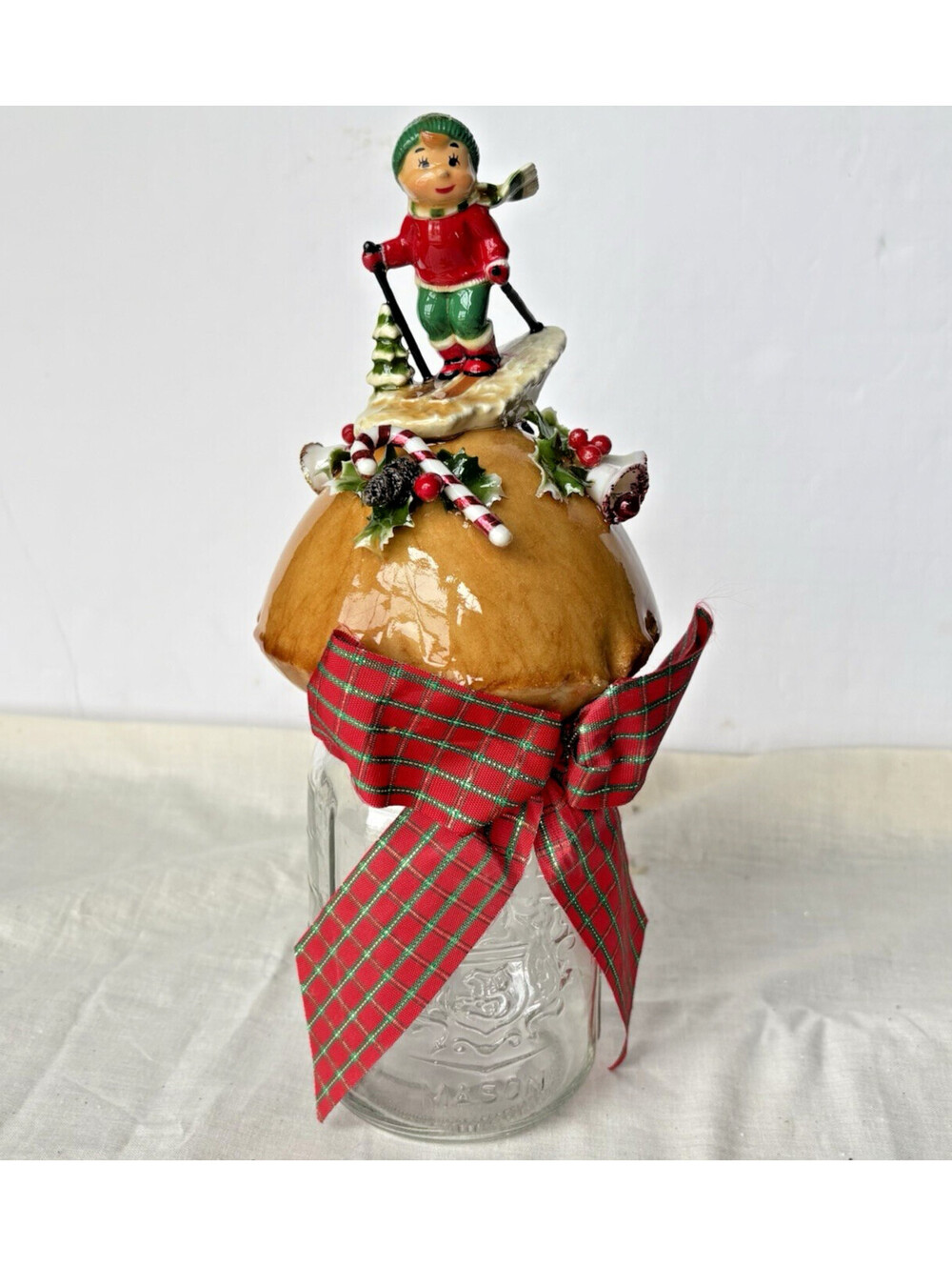 Vintage Handmade “Merry Christmas” Mason Jar Winter Skiing 1988